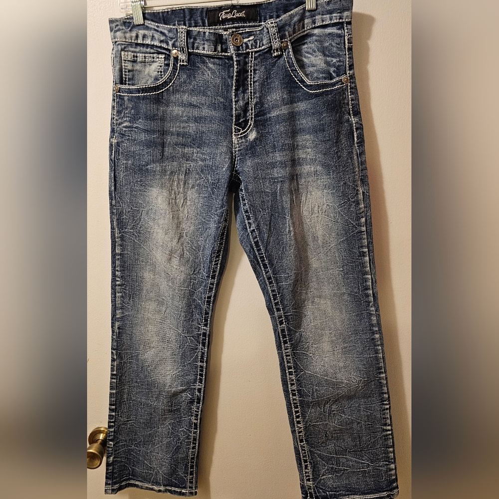True‎ Luck Jeans Men’s 32x30 Blue Embroidered Cracked Effect Straight Leg Denim